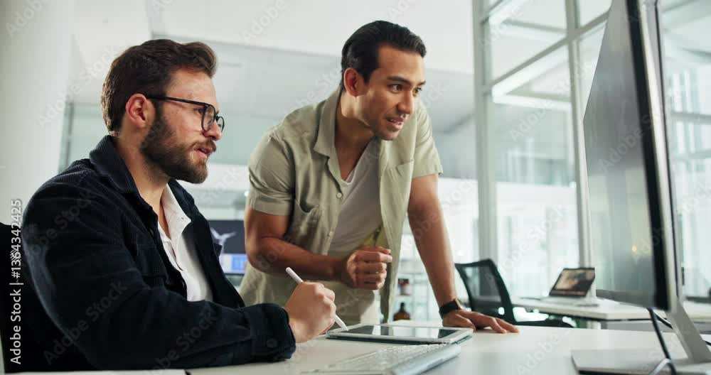 Poster engineer, computer or teamwork in office for brainstorming, windmill design or advice for renewable 