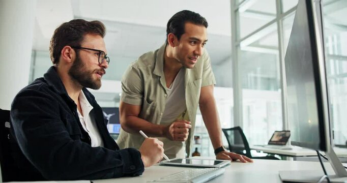 Engineer, computer or teamwork in office for brainstorming, windmill design or advice for renewable energy solution. People, tech or map in discussion for wind turbine development, idea or strategy