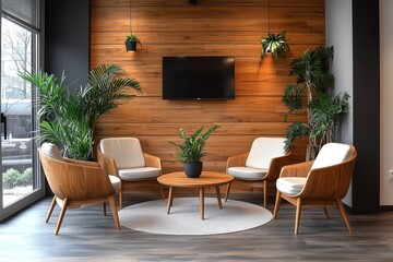 Fototapeta premium a cozy living space with wooden accent walls and modern furniture, creating a warm and inviting atmosphere. The room is adorned with indoor plants