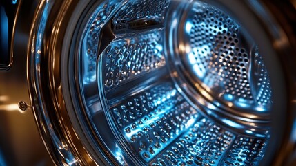 Obraz premium Shiny stainless steel washing machine drum with blue lights. It can illustrate cleaning, technology, or appliance repair concepts.