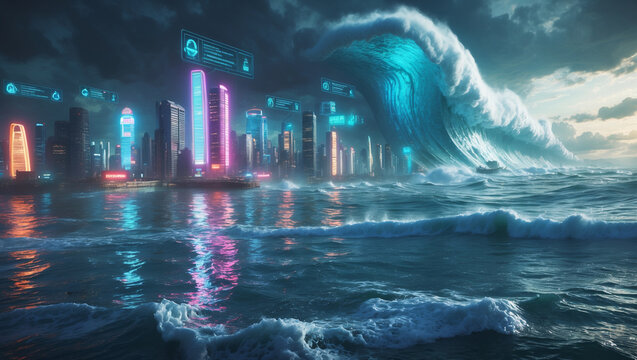  Futuristic City Engulfed by a Massive Tsunami - Cyberpunk Disaster Scene