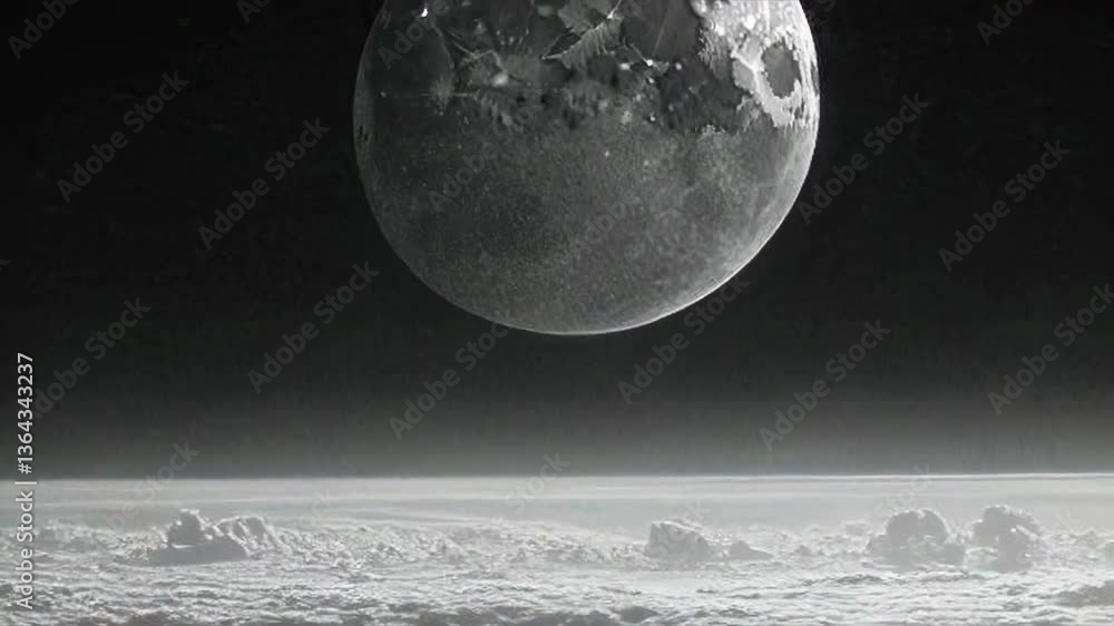 Poster a surreal video concept showing a low-angle view of the moon above a sea of clouds, creating a dream
