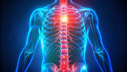 3D medical illustration of a human upper body with highlighted spine and chest pain area in red.

