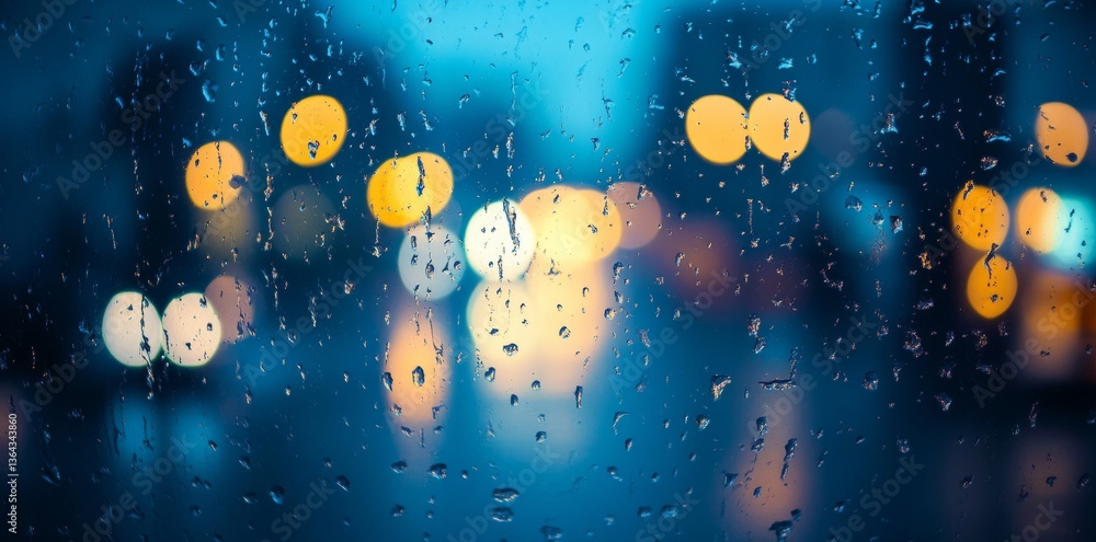 Wall mural abstract blurred background with bokeh lights and rain on window glass in a night city, a banner for