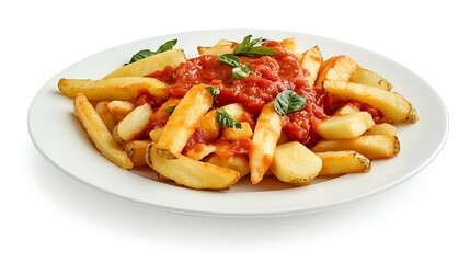 A plate of french fries covered in tomato sauce and basil leaves