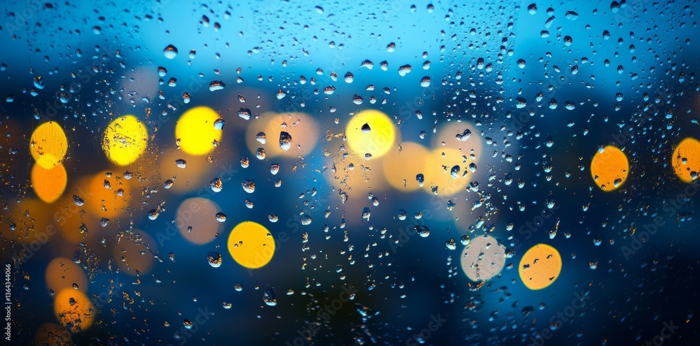 Wall mural abstract blurred background with bokeh lights and rain on window glass in a night city, a banner for
