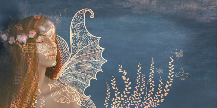 A romantic girl with her eyes closed, a nymph, stands against a dark background. An image of a fabulous fantasy dragon from a projector is projected onto it.