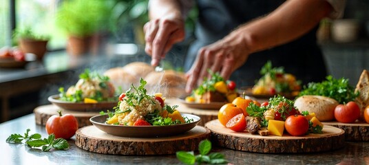 Obraz premium Chef Artistry: Freshly Plated Couscous and Herb-Adorned Bread