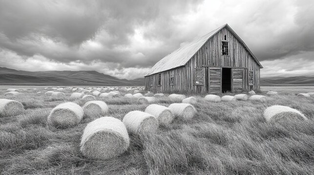 An old weathered barn stands amidst hay bales in a field