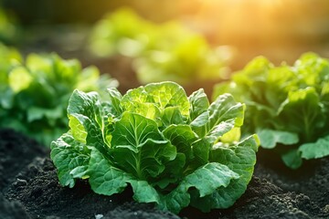 Radiant Garden Bliss: Fresh Green Lettuce Thriving in Golden Hour Sunlight Amid Vibrant Nature