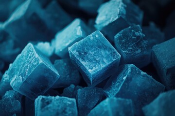 Close-up view of crystalline blue cubes.  A detailed macro shot of numerous small, square,  icy-blue crystals.  They are densely packed together, showcasing a fascinating geometric pattern