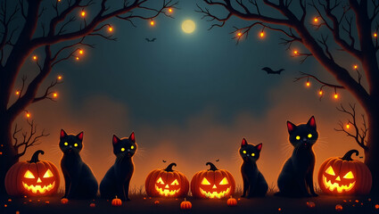 Black cats and pumpkins border frame with mystical copy space for Halloween concept as Mysterious black cats and carved pumpkins framing mystical space for Halloween messages in  Photo Stock  Concept 