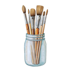 Watercolor Style Assorted Paintbrushes in Glass Jar Isolated on Black Background