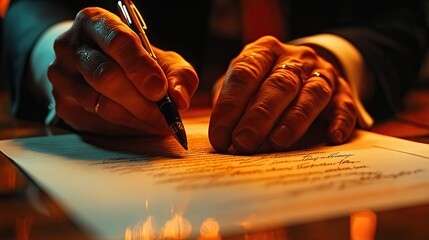 A person is signing a document with a pen carefully
