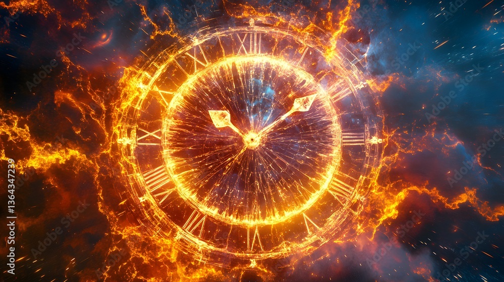 Poster a clock positioned in the center of a fiery environment illustrating the concept of time amidst inte