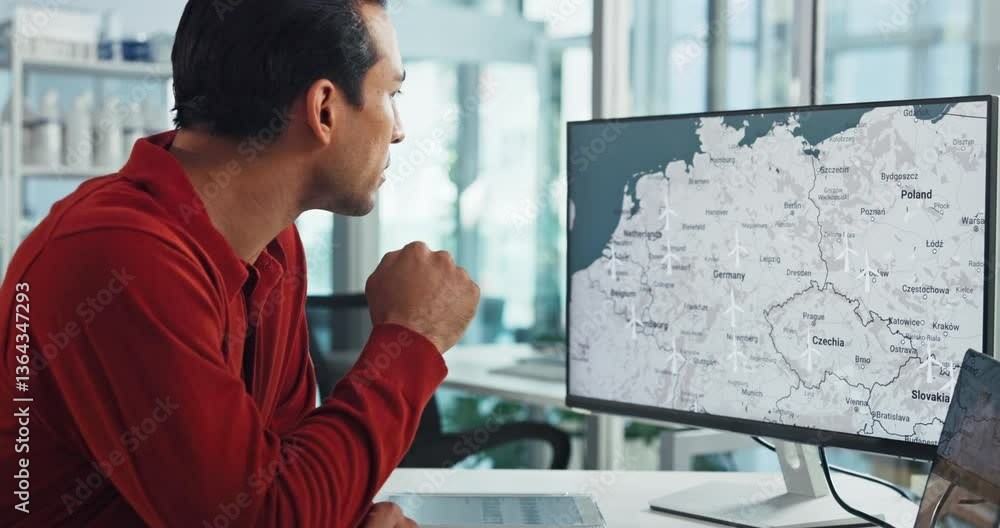 Poster engineer, wind farm and man on computer in office for turbine location or power grid connectivity. c
