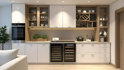 Modern White & Beige Kitchen Cabinets with Glass Doors & Wine Cooler Design