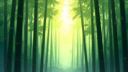 Fototapeta premium Bamboo Forest in Watercolor: Serene Green View with Dappled Sunlight