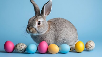 A beautiful rabbit and decorated eggs against a blue background