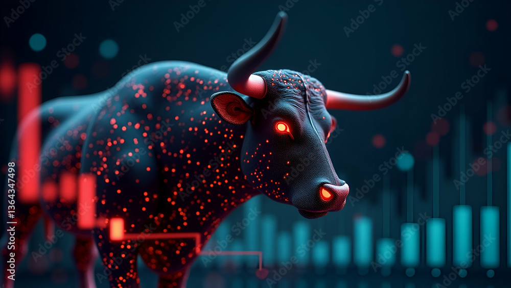 Poster generative ai technology: stunning illustration of a bull and chart representing business and bull m