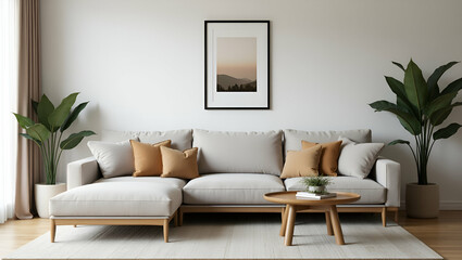 Stylish Flat Sofa Arrangement in a Cozy Living Room: Picture Frame Decor for a Comfortable Home Space - Cute Vector Illustration for Smart Business Design