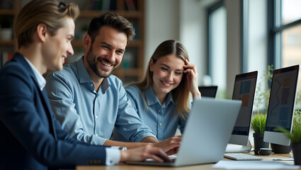 Dynamic Portrait of a Happy Young Software Development Engineer Collaborating with Diverse Colleagues in a Modern Office Environment - Stock Photo Concept with Space for Text