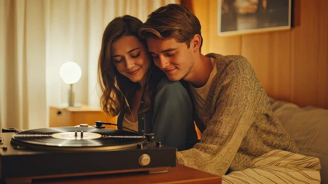 Romantic couple enjoying deep conversation with music, intimate bonding footage