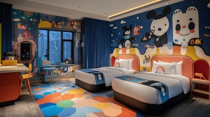 Colorful themed hotel room for kids urban city interior design playful environment wide angle view family-friendly concept
