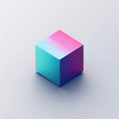 Fototapeta premium A 3D isometric cube logo with smooth gradient transitions cyan to magenta, floating shadow effect glossy metallic surfaces, isolated on light gray background, contemporary tech design