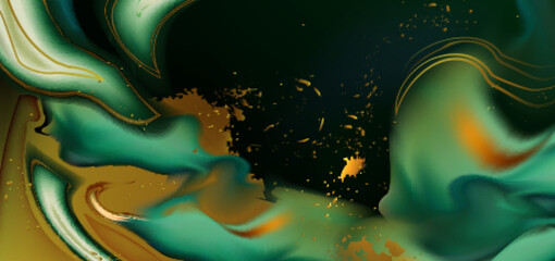 Obraz premium Abstract turquoise, golden watercolor pattern on black background. Vector realistic illustration of splashed fluid color, luxury pattern with ink waves, kintsugi effect, elegant greeting card backdrop