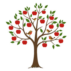 A whimsical apple tree with yellow birds and red apples.