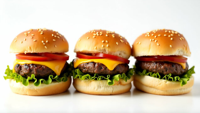 Beef slider burgers on mini buns perfectly aligned isolated offered for party food or slider specials promotions concept as Beef slider burgers on mini buns perfectly aligned isolated ideal for party 