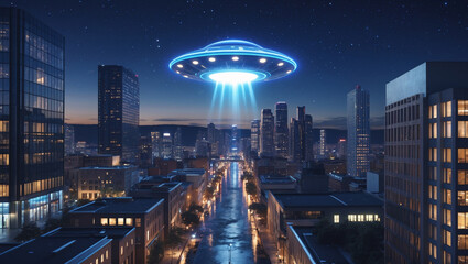 8K Hyper-Realistic UFO Above a Night City Skyline