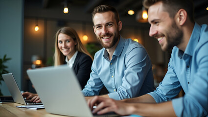 Diverse Team of Young Software Development Engineers Collaborating in Modern Office: Happy Businessman and Colleagues Using Laptops and Technology - Stock Photo Concept