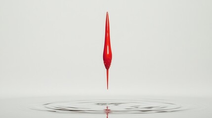 A suspended red object above water ripples on a bright background