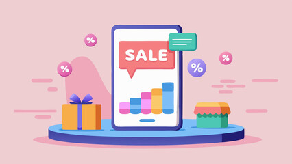 Obraz premium Stylized digital illustration representing an online sale or e-commerce concept with a smartphone storefront and a bold 
