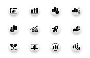 Naklejka premium Solid vector icon set with bar chart icons, growth, finance business, development speed. Web design icons.