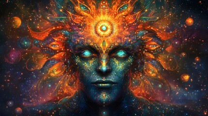 Woman with a face full of fire radiating energy and cosmic vibes in a vibrant abstract representation of passion and power