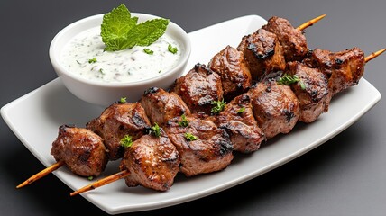 Juicy grilled meat skewers served with creamy mint dip on a white plate.