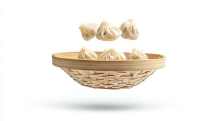 Fototapeta premium Six dumplings are falling into a woven basket on a white background