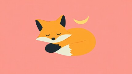 Obraz premium Cute Sleeping Fox with Night, Cartoon, and Pink Background.