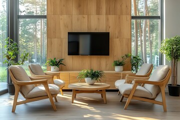Fototapeta premium an inviting modern living room with wooden accents, cozy armchairs, and natural light. This interior space exudes a sense of warmth and tranquility