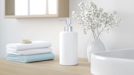 Fototapeta premium Minimalist bathroom countertop with soap dispenser, folded towels, and decorative vase with flowers.