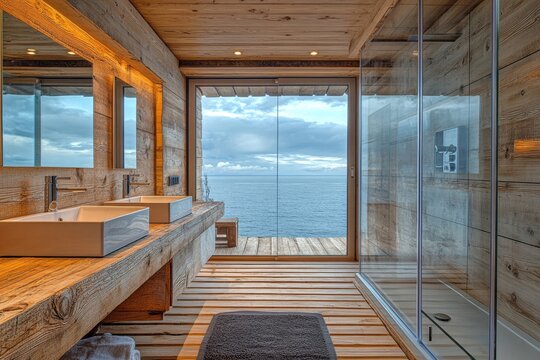 Fototapeta a luxurious wooden bathroom with a stunning ocean view seen through the glass