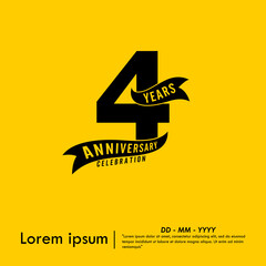 4th years anniversary celebration emblem. black logo isolated with ribbon on yellow background. vector illustration template design for web, flyers, poster, greeting card and invitation card