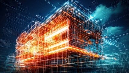 Obraz premium Abstract Digital Building Structure with Orange and Blue Glowing Lines