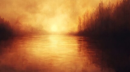 Fototapeta premium Golden sunset over calm lake, hazy trees