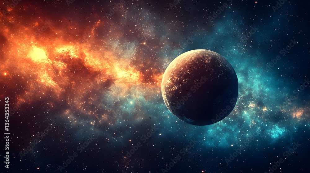 Poster a striking planet centered within a colorful nebula creating a breathtaking cosmic scene of vibrant 