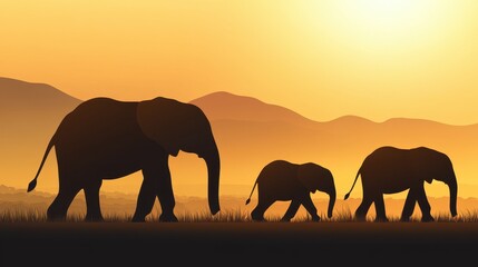 Fototapeta premium Elephant Family Sunset Safari Africa Silhouette.