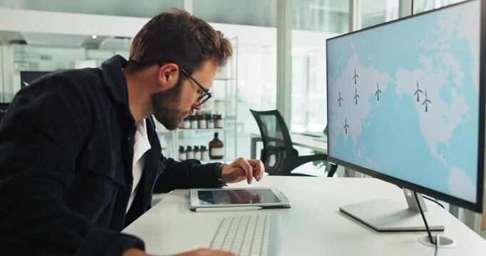 Office, businessman and computer with screen for map, location and information for research project. Career, male person and cartographer with tablet for windmill production, global change and review
